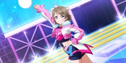  absurdres arm_up blue_eyes brown_hair closed_mouth dancing female game_cg hair_ribbon highres jacket love_live! love_live!_school_idol_festival_all_stars love_live!_sunshine!! official_art pink_jacket ribbon shirt stage tied_shirt watanabe_you 