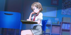  absurdres blue_eyes brown_hair female game_cg grey_skirt highres love_live! love_live!_school_idol_festival_all_stars love_live!_sunshine!! neckerchief night official_art red_neckerchief sailor_collar sailor_shirt school_uniform shirt short_sleeves sitting skirt watanabe_you 