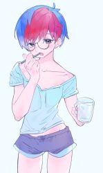  :o blue_hair brushing_teeth collarbone commentary_request cowboy_shot cup eyelashes female glasses grey_eyes hand_up highres holding holding_cup holding_toothbrush looking_at_viewer multicolored_hair open_mouth penny_(pokemon) pokemon pokemon_sv red_hair shirt short_sleeves shorts solo toothbrush two-tone_hair valentine_(02140314c) 