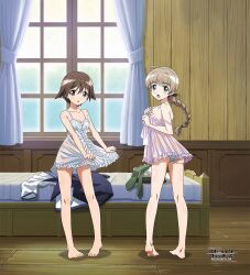  2girls ass barefoot bed braid breasts brown_hair clothes grey_hair indoors itoi_megumi long_hair looking_at_viewer lynette_bishop medium_breasts miyafuji_yoshika multiple_girls nightgown official_art open_mouth panties short_hair small_breasts strike_witches underwear white_panties window wooden_floor wooden_wall world_witches_series 