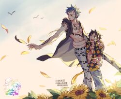  2boys arm_tattoo bandaged_arm bandages bird black_hair chest_tattoo coat commentary_request demorzel denim earrings facial_hair floral_print flower goatee hand_tattoo hug jewelry looking_to_the_side male_focus monkey_d._luffy multiple_boys nipples one_piece open_clothes open_mouth outdoors pants petals scar scar_on_cheek scar_on_chest scar_on_face shirt short_hair shoulder_tattoo smile stretched_limb sunflower sunflower_print tattoo tears torn_clothes trafalgar_law yaoi yellow_eyes 