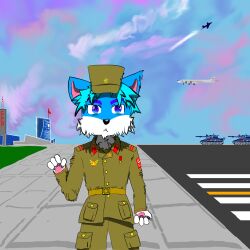  absurd_res aircraft airplane animal_humanoid army blue_eyes blue_hair bomber bujianjun canid canid_humanoid canine canine_humanoid canis cccp clothed clothing field fighter_plane fur hair hat headgear headwear hi_res humanoid male mammal mammal_humanoid medal qikeran russian sky solo soviet_union tank vehicle white_body white_fur wolf wolf_humanoid 