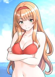  bare_arms bare_shoulders bikini blush breasts brown_hair cleavage closed_mouth collarbone crossed_arms day female furaggu_(frag_0416) green_eyes hairband helena_(kancolle) highres kantai_collection large_breasts long_hair looking_at_viewer navel ocean outdoors red_bikini red_hairband smile solo swimsuit upper_body water 