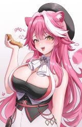  :3 absurdres animal_ear_fluff armpit_crease ascot beret black_hat black_tube_top blush breasts cleavage commentary english_commentary fangs female fingernails food french_fries hair_between_eyes hand_up hat heart highres holding holding_food hololive hololive_english large_breasts long_fingernails long_hair loob looking_at_viewer multicolored_hair nail_polish open_mouth panther_ears panther_girl panther_tail pink_hair pink_nails pizza pizza_slice raora_panthera simple_background smile solo strapless streaked_hair tail_raised teeth tongue tube_top upper_body upper_teeth_only variant_set very_long_hair vest virtual_youtuber white_ascot white_background white_hair white_vest yellow_eyes 