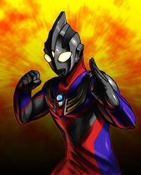  1boy color_timer commentary_request fighting_stance glowing glowing_eyes highres male_focus photoshop_(medium) shin_(nsb-s) solo ultra_series ultraman_tiga ultraman_tiga_(series) 