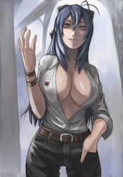  bad_id bad_pixiv_id belt blue_hair breasts cleavage cowboy_shot female hamutz_meseta highres large_breasts open_clothes open_shirt photoshop_(medium) red_eyes shirt solo tatakau_shisho tea_(nakenashi) 