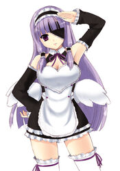  apron armpits bare_shoulders commentary_request dream_c_club dream_c_club_(series) eyepatch female iga_tamaki long_hair mari_(dream_c_club) photoshop_(medium) purple_eyes purple_hair salute solo thighhighs wings zettai_ryouiki 