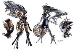  2girls armor black_skin blue_eyes blue_skin chikako_(artist) colored_skin concept_art dark-skinned_female dark_skin final_fantasy final_fantasy_xiii headdress high_heels lips mecha_musume multiple_girls nix official_art profile shiva_(final_fantasy) shoes siblings sisters stiria wheel 