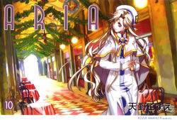  amano_kozue ametsuchi_akino aria_(manga) aria_company_uniform blonde_hair capelet clothing_cutout dress female hat high_collar long_dress long_hair long_sleeves official_art photoshop_(medium) purple_eyes side_slit solo uniform white_capelet white_dress 