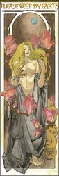  art_nouveau barefoot blonde_hair boku_no_chikyuu_o_mamotte breasts closed_eyes commentary_request earth_(planet) facial_mark feet female flower forehead_mark hand_up highres large_breasts long_hair magnolia mokuren navel no_nipples pink_flower planet solo standing text_focus topless very_long_hair yo-soro 