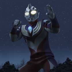  1boy bad_id bad_pixiv_id color_timer commentary_request fighting_stance glowing glowing_eyes male_focus night night_sky sky solo tonji ultra_series ultraman_tiga ultraman_tiga_(series) 