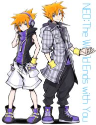  1boy belt blue_eyes breast_pocket copyright_name full_body h2co3 hand_in_pocket headphones highres hood jacket looking_at_viewer loose_belt male_focus multiple_views orange_hair pocket sakuraba_neku shin_subarashiki_kono_sekai shoes shorts sleeveless smile sneakers spiked_hair spoilers standing subarashiki_kono_sekai 