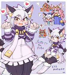  1boy 2girls :3 ? animal_ear_fluff animal_ears armlet bandages black_legwear blue_background blue_bodysuit blue_gloves blush bodysuit bone boots brown_hair capelet cat_ears cat_girl cat_nose cat_tail character_name chocolat_gelato claws commentary_request copyright_name dog_boy dog_ears dog_girl dog_nose dog_tail dress earrings elbow_gloves elh_melizee facial_mark fish_in_mouth flying_sweatdrops fur-trimmed_boots fur-trimmed_sleeves fur_trim furry furry_female furry_male gloves goggles goggles_on_head grey_eyes hair_between_eyes hands_on_lap headpat heart highres jewelry little_tail_bronx looking_at_viewer moriguru77 multiple_girls multiple_views nose_blush oerba_yun_fang open_mouth orange_eyes pantyhose paw_pose pink_hair puff_of_air purple_scarf red_capelet red_headwear red_savarin scar scarf sidelocks signature sitting sleeveless sleeveless_bodysuit solatorobo spoken_heart spoken_question_mark squiggle standing standing_on_one_leg striped_sleeves sweatdrop tail tailcoat turtleneck white_dress white_footwear white_hair x_x 