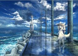  amazing_background anthro bottomwear canid canine canis clothed clothing cropped detailed detailed_background dress ears_up female hair hat headgear headwear image_comics kemono lighthouse long_hair mammal pippi913 rain_storm reflection sea seaside skirt standing tail upskirt water weather wet white_body white_clothing white_dress wind wolf young 