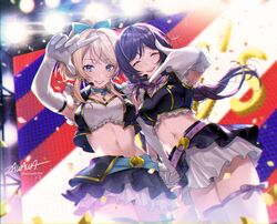  2girls artist_name ayase_eli bad_id bad_twitter_id blonde_hair blue_bow blue_choker blue_eyes bow breasts choker closed_eyes commentary_request crop_top finger_frame finger_frame_duo gloves green_eyes grin highres holding_hands idol index_finger_raised long_hair looking_at_viewer love_live! love_live!_school_idol_project low_twintails medium_breasts microphone midriff multiple_girls navel no_brand_girls ponytail purple_bow purple_hair signature skirt smile stage stage_lights thighhighs thighs tojo_nozomi twintails twitter_username white_gloves zawawa_(satoukibi1108) 