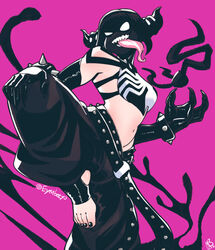  black_gloves black_hair black_nails black_pants elbow_gloves english_commentary eymbee female gloves highres juri_han long_tongue marvel navel pants purple_background ranguage sharp_teeth she-venom simple_background solo standing standing_on_one_leg stirrup_legwear street_fighter symbiote teeth toeless_legwear tongue tongue_out twitter_username venom_(marvel) 