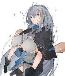  1boy arknights ascot belt black_ascot black_headwear black_shirt black_sleeves breasts commentary disembodied_hand female grey_hair grey_jacket groping hair_between_eyes jacket large_breasts long_hair mikozin no_bra no_headwear red_eyes shirt simple_background sitting skadi_(arknights) sleep_molestation sleeping sleeveless sleeveless_shirt solo_focus straight symbol-only_commentary upper_body very_long_hair white_background 