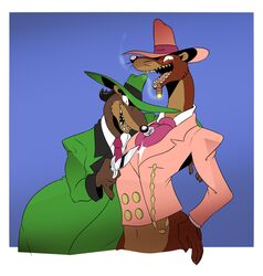  2022 2023 anthro black_hair bottomless bottomless_anthro bottomless_male brown_body brown_fur cigar cigar_in_mouth claws clothed clothing disney duo evil_grin fangs fur gem geometric_background greasy_(character) hair hand_on_hip hat headgear headwear hi_res holding_knife holding_object holding_weapon jacket knife looking_at_viewer male mammal mustelid musteline necktie object_in_mouth open_mouth reagan700 sharp_teeth simple_background smarty_weasel smile teeth tongue toon_patrol topwear true_musteline weapon weasel whiskers who_framed_roger_rabbit wide_eyed zoot_suit 