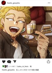  2boys alcohol arms_on_table beer beer_mug blonde_hair blurry blurry_background boku_no_hero_academia chopsticks close-up commentary cup earrings facial_hair facial_mark fake_screenshot finger_heart food goatee hawks_(boku_no_hero_academia) highres instagram instagram_username jacket jewelry leaning_on_table looking_to_the_side mahoubin_(totemo_hot_dayo) male_focus mug multiple_boys muscular muscular_male open_mouth restaurant ribbed_sweater shirt short_hair signature social_network solo_focus stud_earrings sweater teeth tongue translated white_shirt yakitori yellow_eyes 