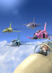  5girls aircraft airplane cloud commentary_request daisan_hikou_shoujo-tai day f-4_phantom_ii fighter_jet heads-up_display highres iai_kfir imai_midori jet lens_flare mig-23 military military_vehicle mitsubishi_f-1 miyamori_aoi multiple_girls nose_art saab_viggen sakaki_shizuka scamp_(scamp_f16) shirobako sky toudou_misa vehicle_focus yasuhara_ema 