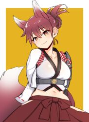  animal_ears arms_behind_back azur_lane belt breasts brown_hair collarbone commentary_request female fox_ears fox_tail hair_bun hakama hakama_skirt head_tilt highres hip_vent ise_(azur_lane) japanese_clothes looking_at_viewer medium_breasts midriff navel nezuko short_hair single_hair_bun skirt smile solo tail underbust 