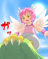  2girls bird_legs bird_wings blush cloud commentary_request day drooling feathers green_hair hair_ornament half-harpy harpy_(muromi-san) monster_girl multiple_girls muromi-san namiuchigiwa_no_muromi-san open_mouth pink_hair short_hair sky sun tayu_tayu_(artist) wings yellow_eyes 