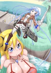  1boy 3girls aizawa_eiko aizawa_takeru beach bikini black_hair blonde_hair blue_eyes boots breasts brother_and_sister cleavage clenched_teeth closed_umbrella commentary_request crossover dual_wielding fishing fuji-san giant giantess holding huge_breasts ikamusume jacket long_hair mermaid monster_girl multiple_girls namiuchigiwa_no_muromi-san ocean paradis_military_uniform parody pxton shingeki_no_kyojin shinryaku!_ikamusume short_hair siblings swimsuit teeth tentacle_hair thigh_strap three-dimensional_maneuver_gear umbrella water 