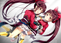  2girls amane_tsukasa amane_tsukuyo black_gloves bow brown_hair commentary dutch_angle fingerless_gloves gloves hairbow holding_hands kneehighs long_hair long_sleeves looking_at_another looking_at_viewer magia_record:_mahou_shoujo_madoka_magica_gaiden magical_girl mahou_shoujo_madoka_magica multiple_girls obi obijime pleated_skirt pleated_sleeves ponytail red_bow red_eyes sash shiratama_mochi siblings sidelocks sisters skirt socks standing white_skirt 