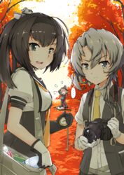  3girls akizuki_(kancolle) asymmetrical_hair autumn autumn_leaves bag black_thighhighs blonde_hair bottle brown_hair camera collared_shirt commentary_request compass corset flipped_hair gloves grey_eyes grey_hair hachimaki hand_on_own_head hat headband headgear high_ponytail highres kantai_collection looking_at_viewer md5_mismatch military military_hat military_uniform multiple_girls mushiboy neckerchief necktie nowaki_(kancolle) ozawa_ari peaked_cap pleated_skirt prinz_eugen_(kancolle) sailor_collar school_uniform serafuku shirt shoulder_bag sitting skirt smile swept_bangs thighhighs uniform vest voice_actor_connection wariza water_bottle white_gloves yellow_necktie 