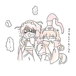  2others androgynous bow chibi chikafumikou commentary_request hairband hat japanese_clothes kariginu len&#039;en monochrome multiple_others open_mouth orange_hair other_focus scarf senri_tsurubami shared_clothes shared_scarf short_hair smile strangling translation_request zuifeng_tenkai 