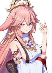  absurdres back_bow bare_shoulders bow breast_hold breasts bright_pupils brown_bow crossed_bangs detached_sleeves earrings female fox_shadow_puppet genshin_impact grin hair_between_eyes hair_flaps hand_up headpiece highres jewelry large_breasts long_hair looking_at_viewer milk_(milk07171218) necklace nontraditional_miko pink_hair purple_eyes shirt sideboob sidelocks simple_background single_earring smile teeth turtleneck upper_body very_long_hair white_background white_pupils white_shirt wide_sleeves yae_miko 