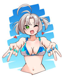  antenna_hair bikini bikini_top_only blue_bikini blue_nails breasts cleavage female frilled_bikini frills green_eyes grey_hair kantai_collection kinugasa_(kancolle) large_breasts marine_day medium_hair nail_polish navel one_eye_closed solo swimsuit twintails udukikosuke upper_body 