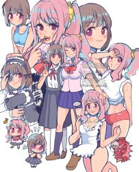  2girls apron artist_name black_skirt black_socks blue_bra blue_hair blue_skirt blunt_bangs blush bow bowtie bra breasts brown_footwear brown_hair buruma cherry_stem_knot chibi chuunibyou commentary_request cream cream_on_face eyepatch flat_chest food food_on_face frilled_apron frilled_eyepatch frilled_hairband frills grin hair_ornament hair_scrunchie hairband hand_on_own_forehead holding holding_ladle hozuki_kaede hozuki_momiji jewelry kneehighs ladle large_breasts long_hair midriff miniskirt multicolored_hair multiple_girls multiple_views nail_polish neck_ribbon necklace oimo_uma2 one-piece_swimsuit one_eye_closed onii-chan_wa_oshimai! pink_hair purple_eyes red_bow red_bowtie red_buruma red_nails red_ribbon ribbon school_uniform scrunchie shirt shirt_rolled_up shoes short_hair short_sleeves siblings side_ponytail simple_background sisters skirt sleeves_rolled_up smile smirk socks suspender_skirt suspenders sweat swimsuit swimsuit_under_clothes tongue tongue_out training_bra twitter_username two-tone_hair underwear watermark white_apron white_background white_shirt white_socks yellow_scrunchie 