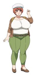  alpha_transparency belt blush breasts brown_footwear cleavage clenched_hand collarbone elf-san_wa_yaserarenai. female full_body green_pants hat highres huge_breasts long_sleeves official_art oku_(elf-san_wa_yaserarenai) open_hand open_mouth orange_hair pants plump red_eyes second-party_source short_hair simple_background solo standing synecdoche tareme thick_thighs thighs transparent_background white_hat 