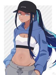  alternate_costume black_hair black_hat blue_jacket border breasts cleavage closed_mouth commentary_request cropped_jacket diagonal_striped_background earclip eyelashes eyeshadow female grey_pants hands_in_pockets hat highres hood hood_down jacket kana_(kanna_runa0620) long_hair looking_at_viewer makeup midriff multicolored_hair navel navel_piercing nessa_(pokemon) pants piercing pokemon pokemon_swsh ponytail sidelocks solo sports_bra twitter_username two-tone_hair white_border white_sports_bra 