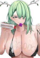  antlers bikini black_bikini bottle bra braid braided_bangs branch breasts ceres_fauna cleavage clothes_pull condom condom_in_mouth condom_wrapper female green_hair green_nails highres holocouncil hololive hololive_english horns large_breasts long_hair looking_at_viewer lotion lotion_bottle lube lubrication mole mole_under_eye mouth_hold pulling_own_clothes si_farid smile solo sweatdrop swimsuit tree_horns underwear undressing virtual_youtuber yellow_eyes 