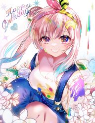  absurdres airani_iofifteen airani_iofifteen_(1st_costume) blue_hair blue_overalls blush breasts cleavage female hair_bun happy_birthday highres hololive hololive_indonesia looking_at_viewer medium_breasts multicolored_hair overalls paint_on_body palette_hair_ornament pink_hair purple_eyes shirt smile solo sowon streaked_hair virtual_youtuber white_background white_shirt 