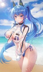  absurdres aliasing arm_between_breasts beach between_breasts bikini blue_bikini blue_eyes blue_hair blue_sky blurry blush bokeh braid breasts clenched_hands closed_mouth cloud cloudy_sky commentary day depth_of_field female gloves goddess_of_victory:_nikke hair_intakes hand_on_own_chest hand_up helm_(aqua_marine)_(nikke) helm_(nikke) high_ponytail highleg highleg_bikini highres large_breasts lens_flare long_hair looking_at_viewer medal micro_bikini navel ocean outdoors ppudang see-through see-through_shirt shirt side-tie_bikini_bottom sidelocks sky solo string_bikini swimsuit very_long_hair wet wet_clothes wet_shirt white_gloves white_shirt 