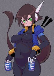  ! !! absurdres aile_(mega_man_zx) black_bodysuit blue_jacket blush bodysuit bodysuit_under_clothes breasts brown_hair buzzlyears can commentary commentary_request covered_navel covered_nipples cropped_jacket faux_traditional_media female grey_background highres holding holding_can jacket large_breasts long_hair looking_at_viewer mega_man_(series) mega_man_zx mega_man_zx_advent open_clothes open_jacket ponytail robot_ears solo sweat 