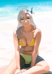  antenna_hair beach bikini breasts day female green_eyes grey_hair horizon kantai_collection kinugasa_(kancolle) kinugasa_kai_ni_(kancolle) looking_at_viewer medium_breasts medium_hair ocean ojipon open_mouth outdoors sitting sky smile solo swimsuit teeth upper_teeth_only yellow_bikini 