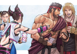  2boys 2girls abs absurdres back beard belt black_belt blonde_hair blue_background blush cellphone chun-li cirenk collar collarbone commentary_request double_bun drink facial_hair frown full-body_tattoo hair_bun hair_horns headband highres holding holding_drink holding_phone juri_han ken_masters letterboxed martial_arts_belt multiple_boys multiple_girls open_mouth outside_border pectoral_grab pectorals phone red_headband ryu_(street_fighter) short_hair smile spiked_collar spikes standing street_fighter street_fighter_6 sweat tattoo teeth topless_male v-shaped_eyebrows 