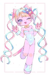  ;d absurdres animal_ears animal_hands blonde_hair blue_bow blue_eyes blue_footwear blue_hair bow cat_ears cat_paws cat_tail chouzetsusaikawa_tenshi-chan covered_navel detached_collar fake_animal_ears female full_body gloves hairbow hands_up heart highres holographic_clothing leotard long_hair looking_at_viewer multicolored_hair multiple_hair_bows needy_girl_overdose official_alternate_costume one_eye_closed open_mouth paw_gloves pink_bow pink_hair playboy_bunny purple_bow quad_tails shoes smile solo standing standing_on_one_leg strapless strapless_leotard sweatdrop tail very_long_hair white_leotard wrist_cuffs yu1_na12 