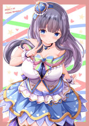  bare_shoulders black_hair blue_eyes blue_skirt blush border breasts bridal_gauntlets brown_border closed_mouth commentary_request crown dated female frills hand_up happy_birthday heart highres large_breasts long_hair looking_at_viewer mini_crown misumi_aoi navel ongeki skirt smile solo star_(symbol) tilted_headwear v very_long_hair white_background xenon_(for_achieve) 