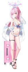  absurdres angel_wings bikini black_bow blue_archive blue_bow bow breasts cleavage crescent crescent_hair_ornament feathered_wings female flower footwear_bow full_body hair_flower hair_ornament hair_ribbon halo high_ponytail highres holding holding_suitcase large_breasts li_se long_hair looking_at_viewer low_wings mika_(blue_archive) navel open_clothes open_shirt pink_hair pink_halo purple_flower ribbon sandals shirt simple_background smile solo suitcase swimsuit thigh_strap white_background white_bikini white_ribbon white_shirt white_wings wings yellow_eyes 