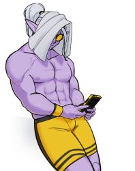  1boy abs bare_pectorals biceps cellphone colored_skin cowboy_shot demon_boy dragon_ball dragon_ball_heroes dragon_ball_xenoverse english_commentary fu_(dragon_ball) glasses highres holding holding_phone leaning looking_at_phone male_focus male_swimwear muscular muscular_male one_eye_covered pectorals phone pointy_ears ponytail purple_skin red_eyes round_eyewear scar scar_on_chest scar_on_hand single_bang solo sweat sweatband swim_trunks theanniehilator tinted_eyewear topless_male towel towel_on_head undercut white_hair yellow-tinted_eyewear 