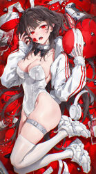  absurdres animal_ears black_hair blood blood_bag breasts cellphone collarbone cross-laced_footwear fake_animal_ears fangs female hairband headphones highres jacket leotard long_hair long_sleeves looking_at_viewer medium_breasts monster_energy open_mouth original phone pill pill_bottle playboy_bunny playstation_controller rabbit_ears red_eyes red_nails shoes smartphone sneakers solo thighhighs white_footwear white_hairband white_jacket white_leotard white_thighhighs ye_jji 