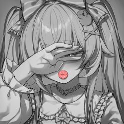  blush bow choker condom condom_in_mouth covering_one_eye female hair_ornament hairbow highres indie_virtual_youtuber kupa_(jesterwii) long_hair long_sleeves looking_at_viewer luminous_j mouth_hold portrait solo spot_color twintails virtual_youtuber x_hair_ornament 