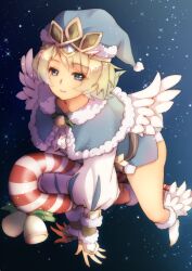  alternate_costume blonde_hair blue_eyes candy candy_cane closed_mouth feather_trim female fire_emblem fire_emblem_heroes fjorm_(fire_emblem) food fur_trim hat looking_at_viewer night night_sky oka_(umanihiki) santa_costume santa_hat sky 