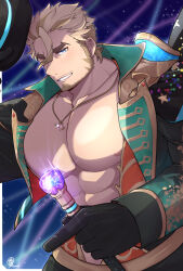  1boy abs bara bare_pectorals beard character_request cowboy_shot facial_hair full_beard gloves hat highres holding holding_staff huge_pectorals live_a_hero magician male_focus muscular muscular_male nipples one_eye_closed open_clothes pectorals saund_r_pu seductive_smile short_hair smile solo staff standing thick_eyebrows top_hat 