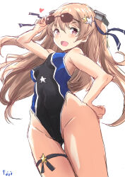  alternate_breast_size black_one-piece_swimsuit breasts brown_eyes casual_one-piece_swimsuit commentary_request eyewear_on_head female fuji_(pixiv24804665) headgear highleg highleg_one-piece_swimsuit highres johnston_(kancolle) kantai_collection light_brown_hair one-piece_swimsuit simple_background small_breasts smile solo sunglasses swimsuit thigh_gap two-tone_swimsuit white_background 